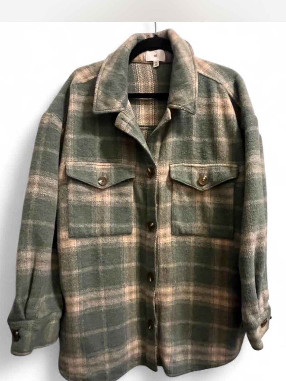 bp Green and Cream Plaid Utility Shacket